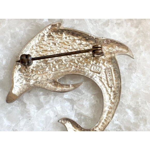 Dolphin Figural Morning Sun Signed Polished Sterling Silver Vintage Brooch - Picture 6 of 10